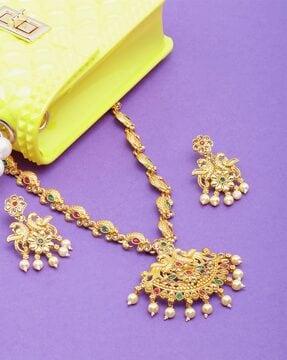 gold-plated stone-studded peacock jewellery set
