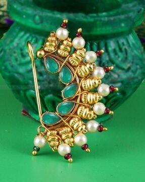 gold-plated stone-studded pearl-beaded nosepin