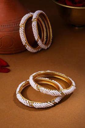 gold-plated traditional pearls beaded bangles set of 2 - gold