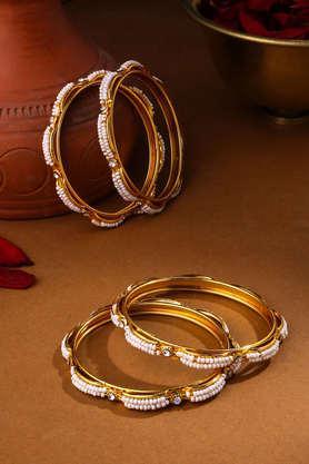 gold-plated traditional pearls beaded bangles set of 4 - gold