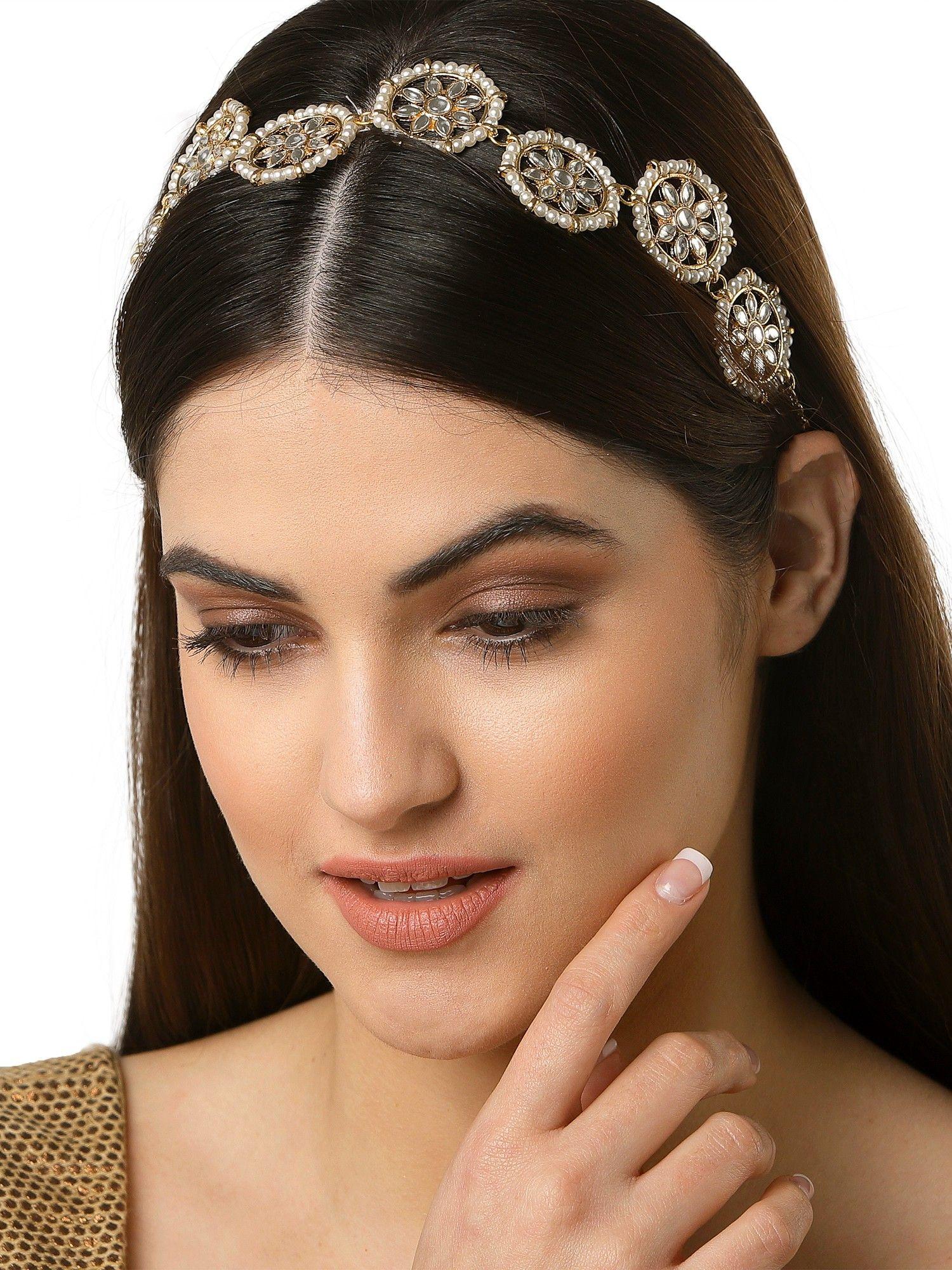 gold plated white kundan-studded handcrafted floral hairband