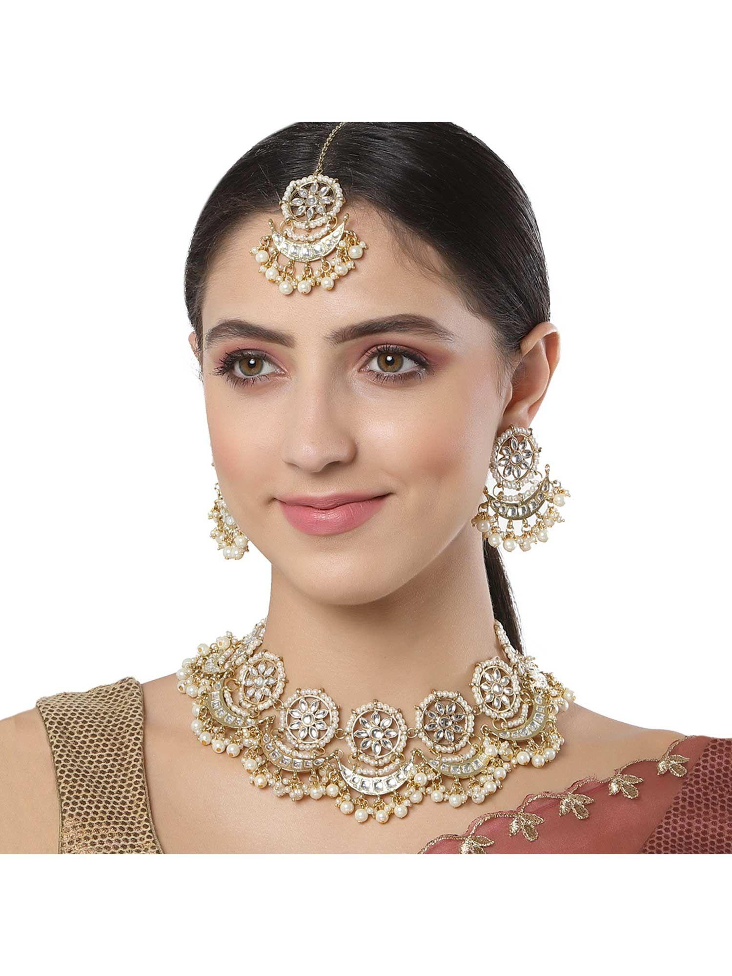 gold plated white plearl chand shape kundan necklace set for women (set of 3)