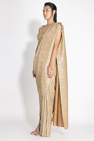 gold pleated metallic saree set