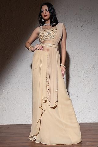 gold power lycra & georgette pre-draped saree set