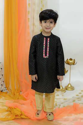 gold print polyester regular fit boys kurta pyjama set - black