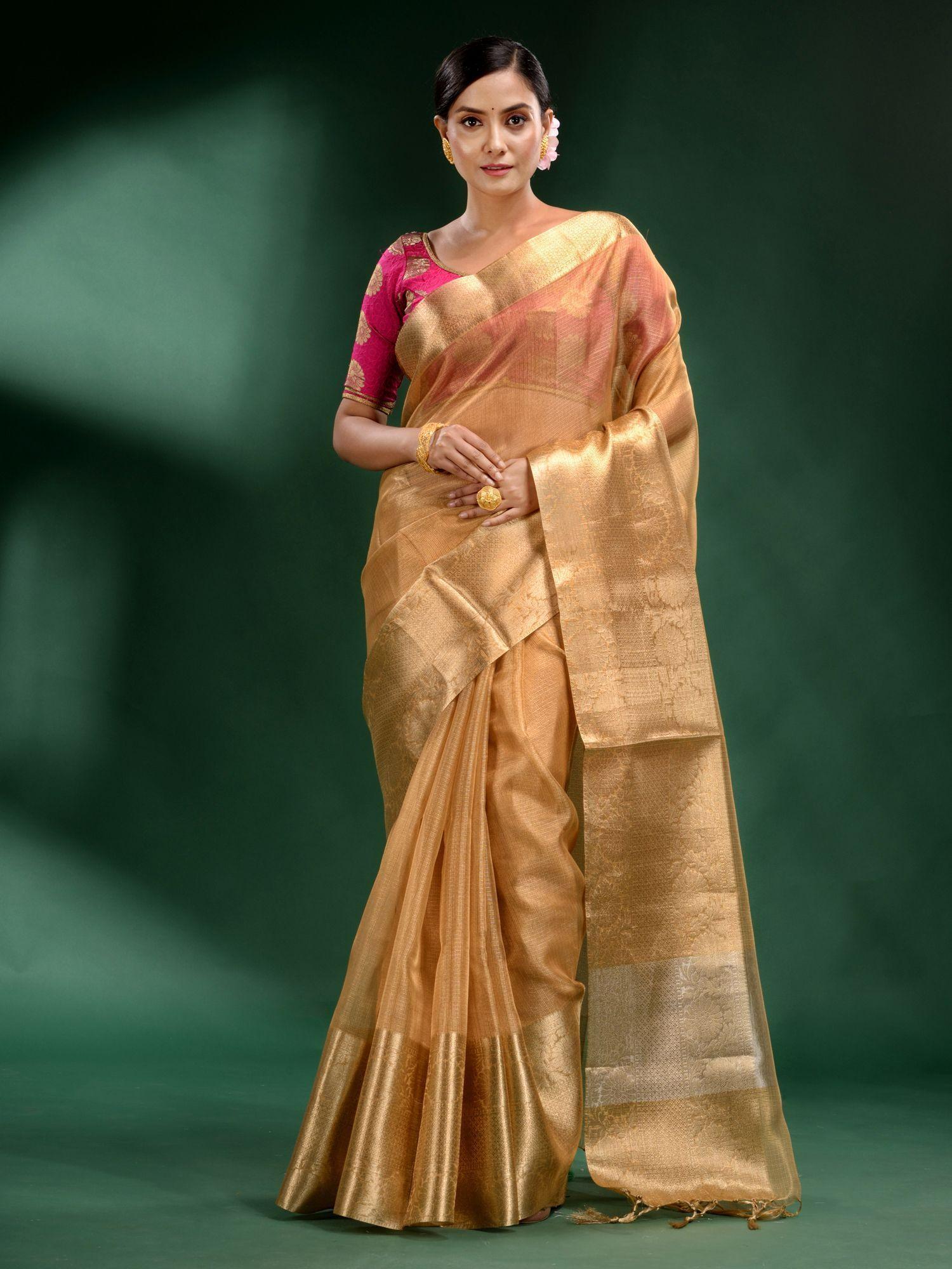 gold pure silk handwoven soft saree with unstitched blouse