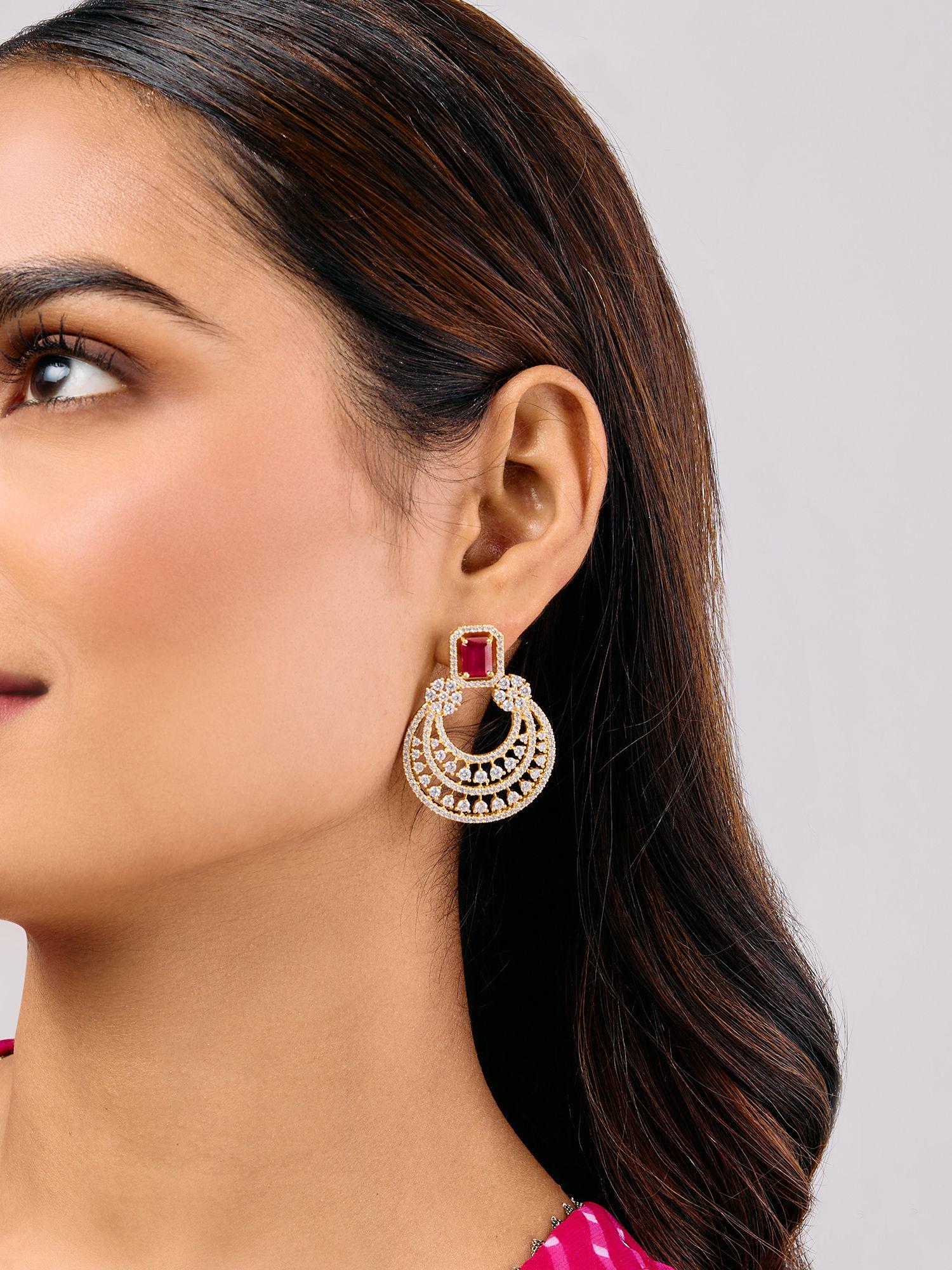 gold red american diamond chandbali earrings