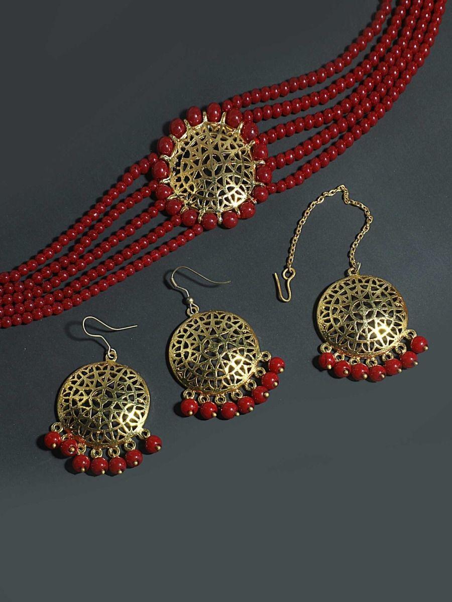 gold red choker necklace with earrings and maangtikka (set of 3)