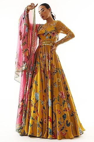 gold satin organza printed & embroidered anarkali set