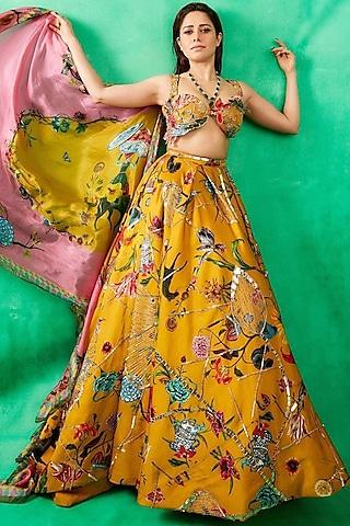 gold satin organza printed & embroidered lehenga set