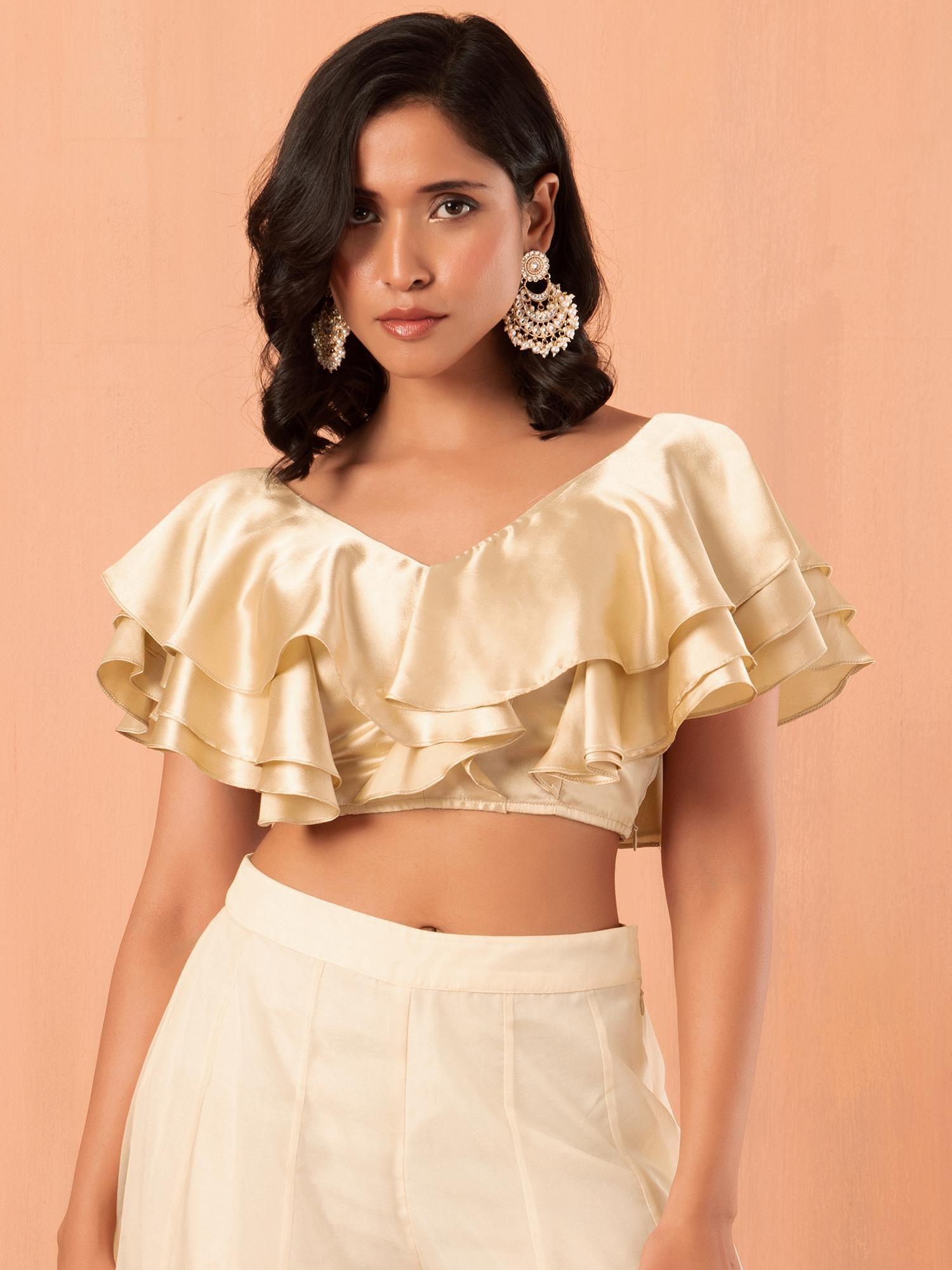 gold satin ruffled blouse