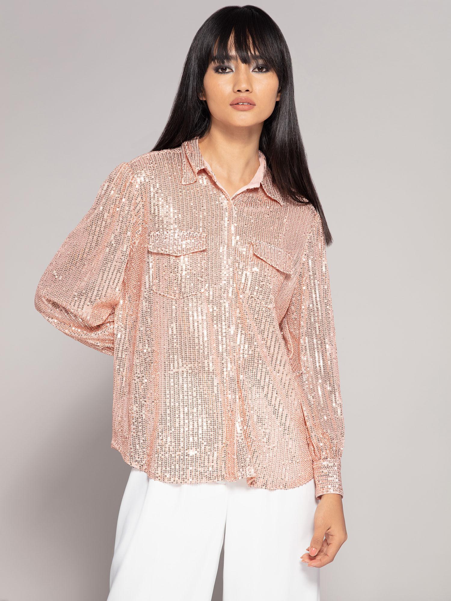 gold sequin embellished collar neck shirt