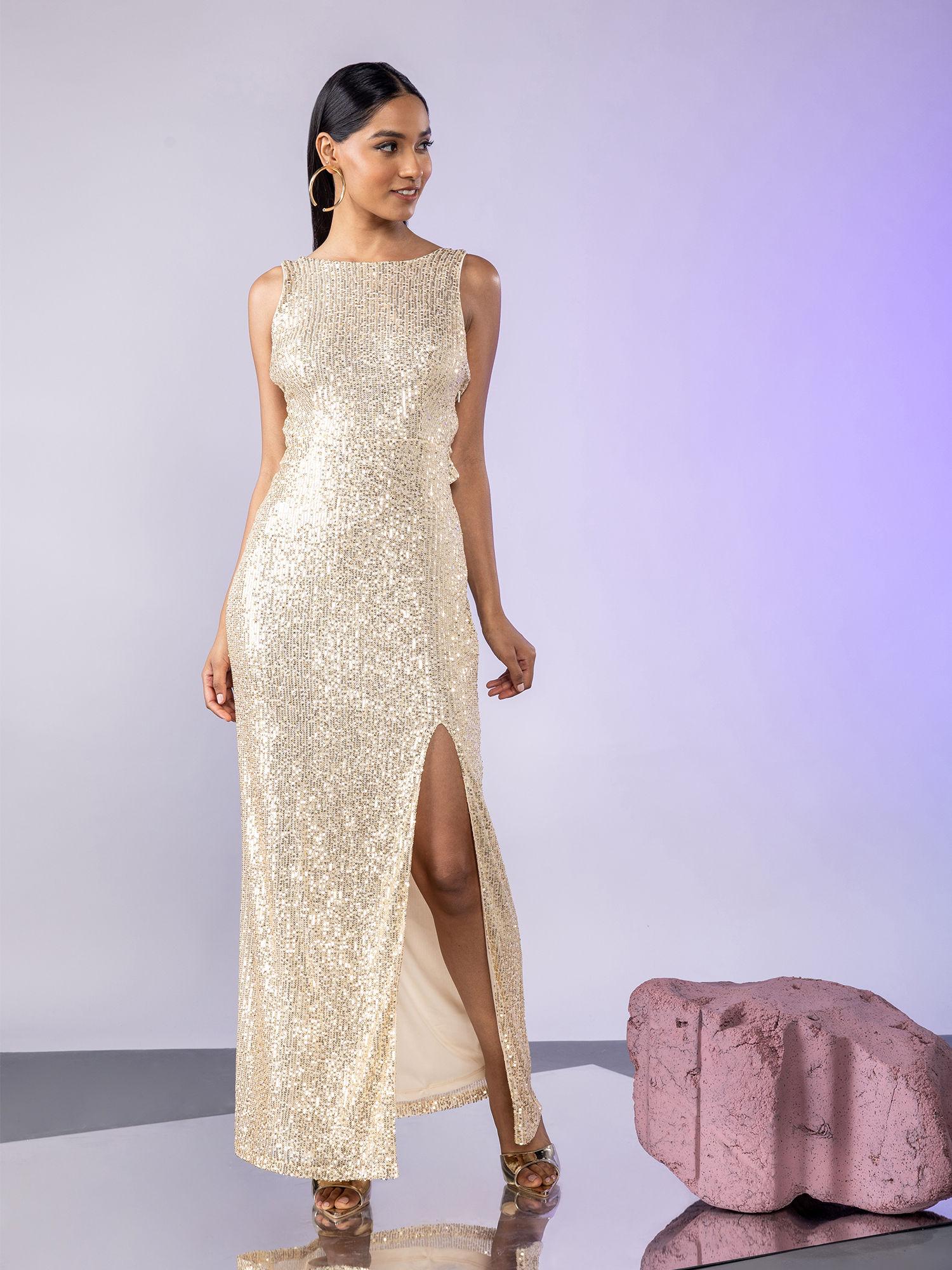 gold sequin slit gown