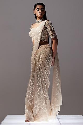 gold sequins net hand embellished draped saree set