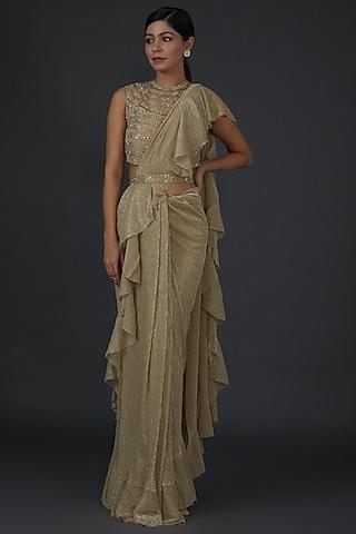 gold shimmer crepe embellished draped saree set
