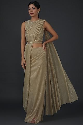 gold shimmer crepe embellished draped saree set