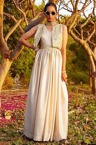 gold shimmer georgette gown with bolero