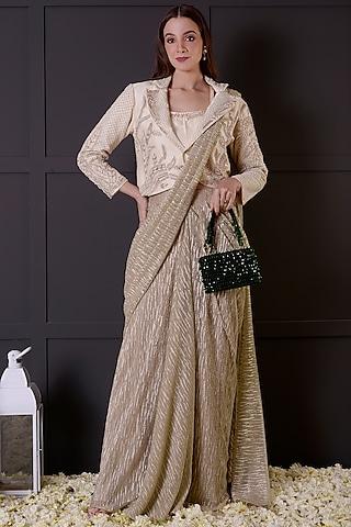 gold shimmer imported fabric draped jacket saree set