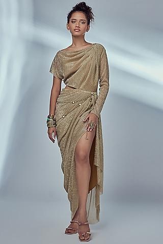 gold shimmer knit draped dress