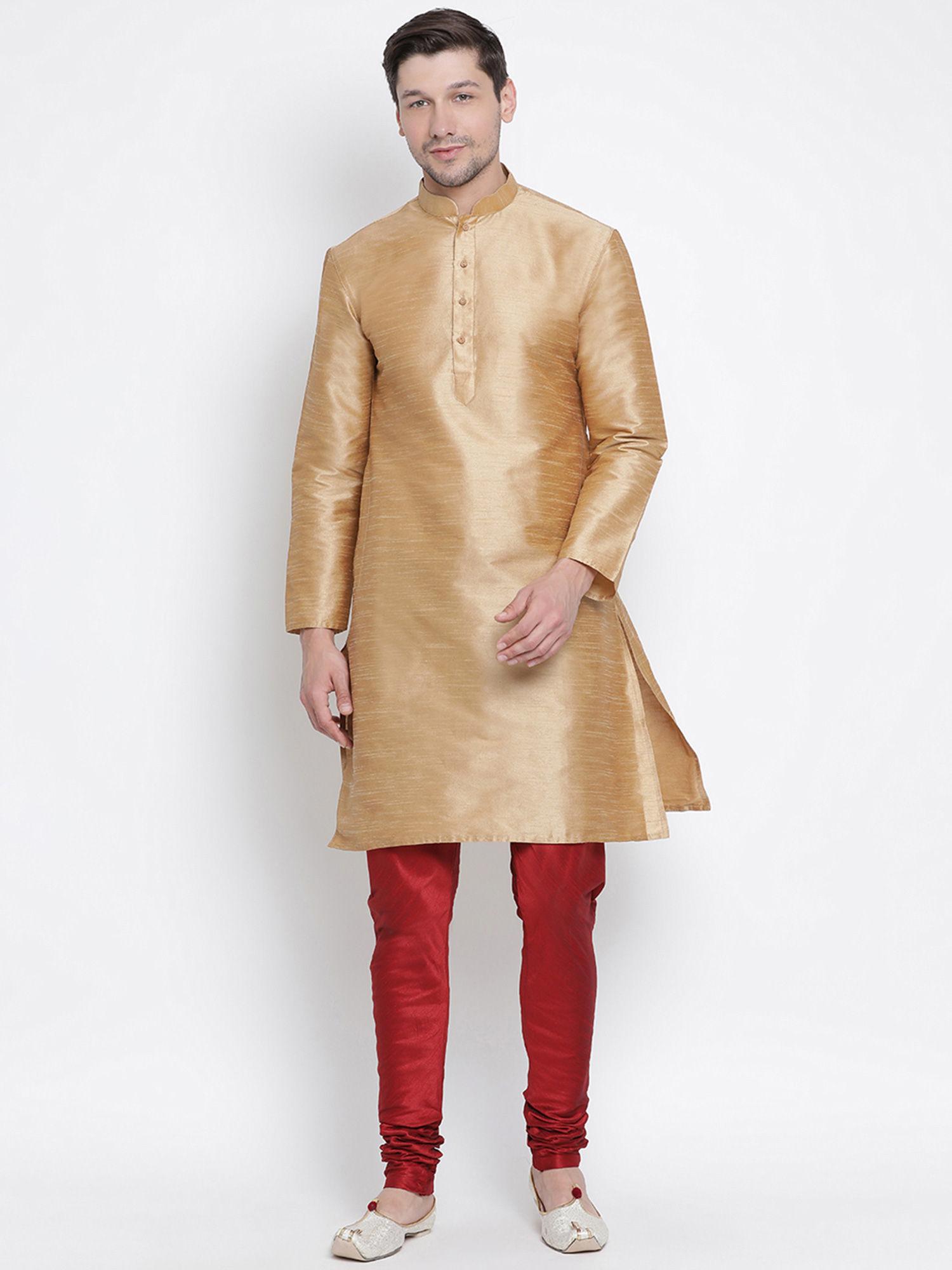 gold silk blend kurta and churidar (set of 2)