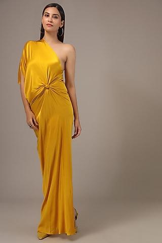 gold silk lycra satin one-shoulder maxi dress