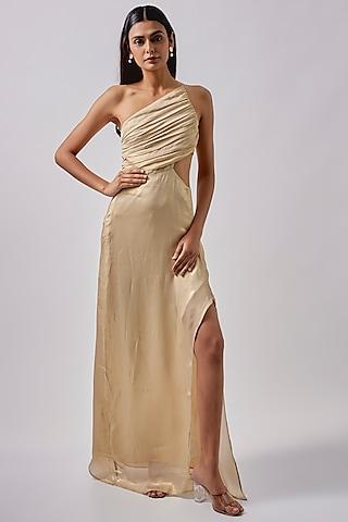 gold silk metallic ruched asymmetric maxi dress