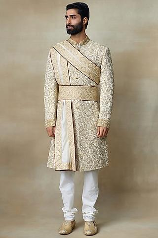 gold silk printed & embellished sherwani