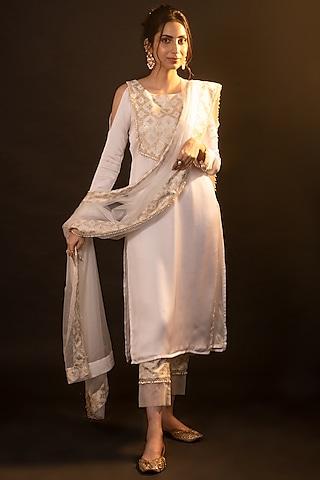 gold silk satin floral kurta set