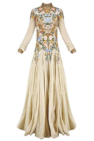 gold silk thread and zari floral embroidered gown