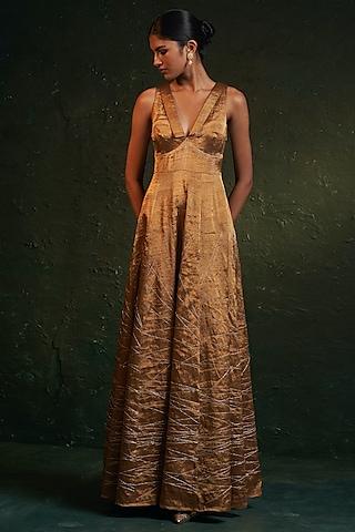 gold silk tissue dori embroidered flared dress