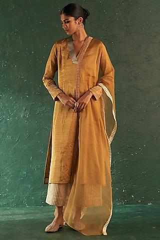 gold silk tissue dori embroidered straight kurta set