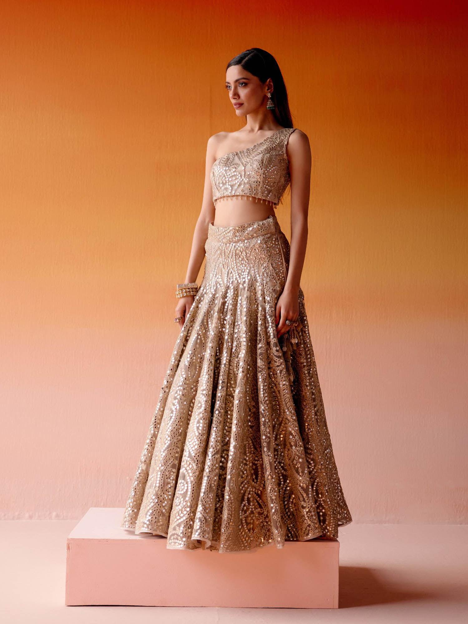 gold slim fit lehenga with crop top (set of 2)