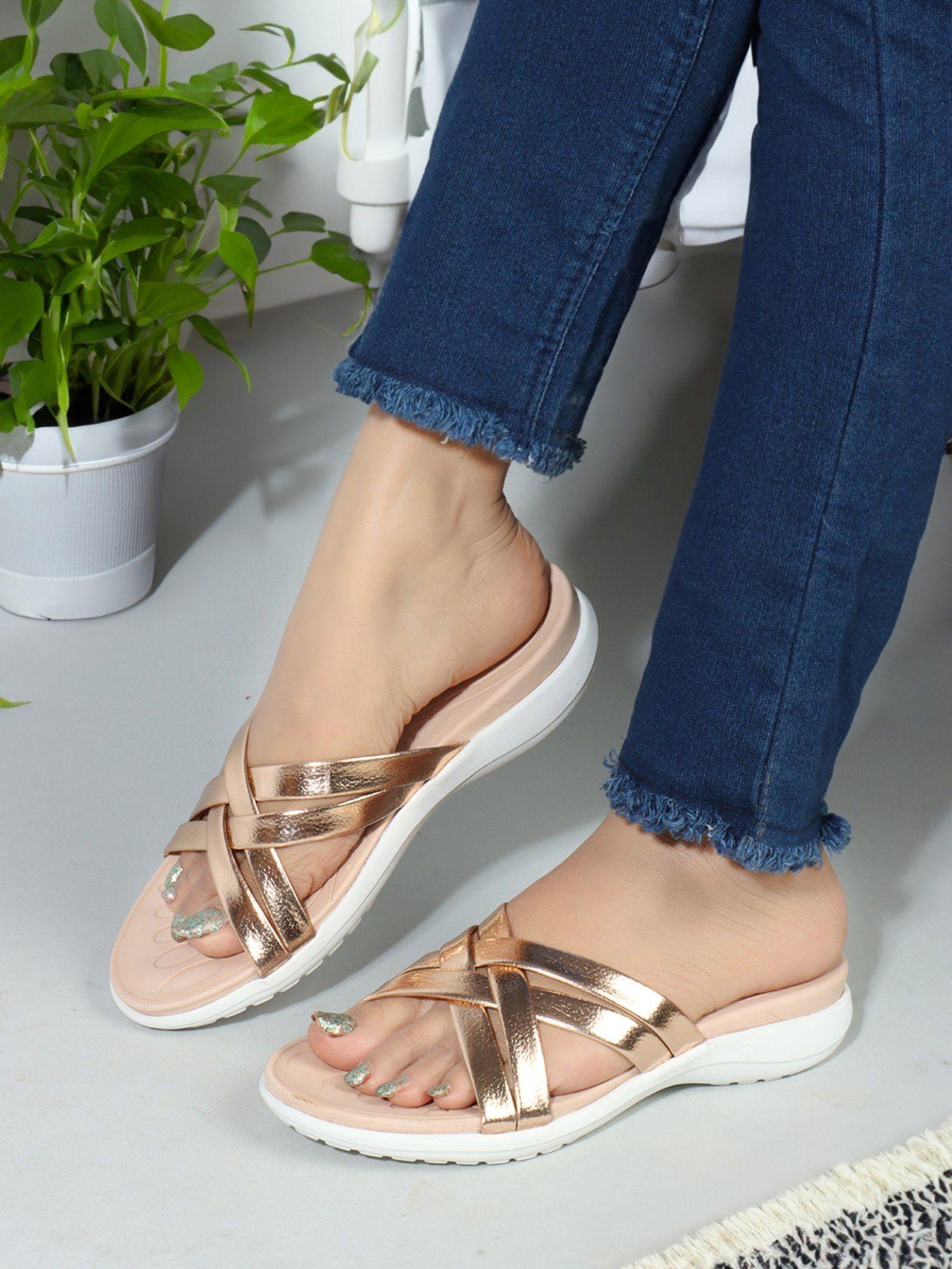 gold slip-on casual women sandals