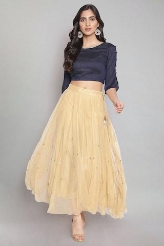 gold solid ankle-length ethnic women flared fit skirt