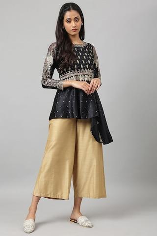 gold solid crop length party women regular fit palazzo