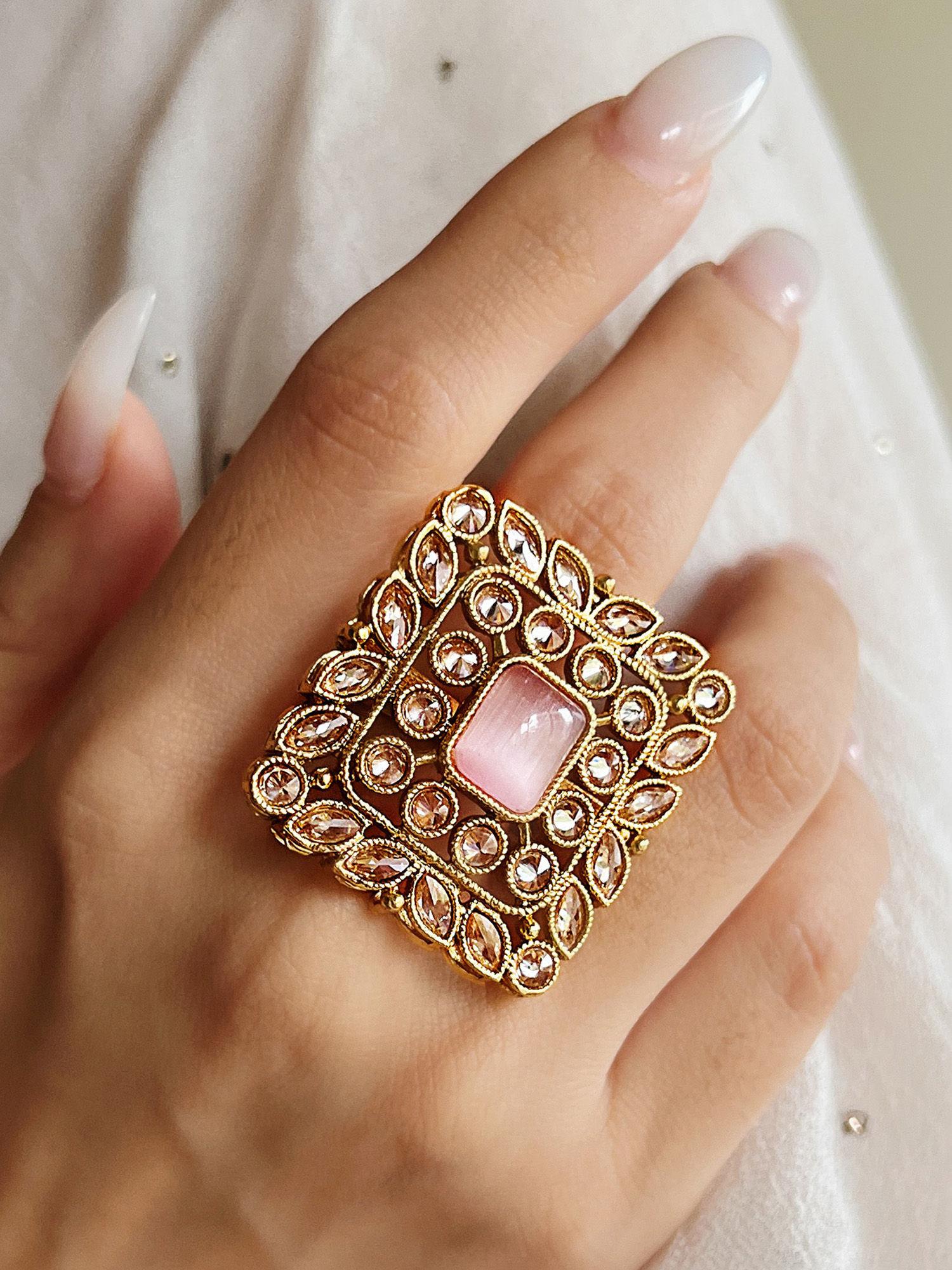 gold square ring with baby pink stone