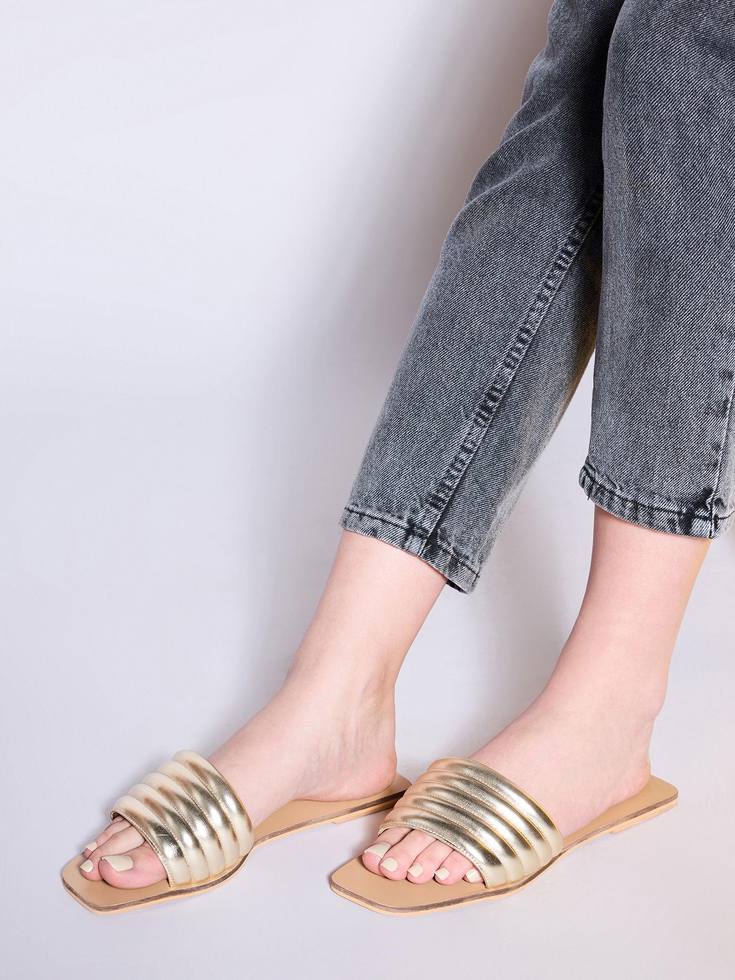 gold square toe padded slider flats