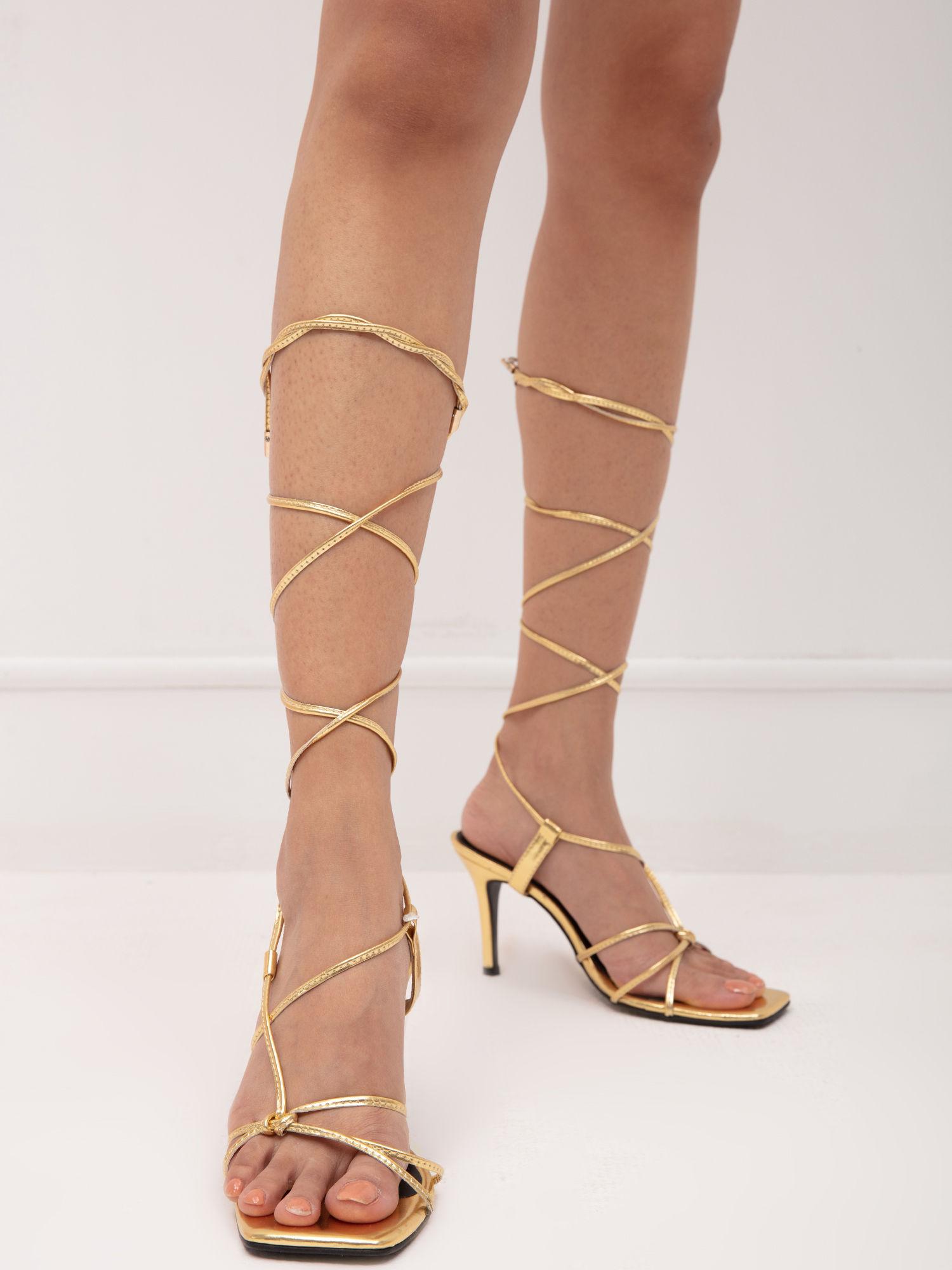 gold square toe tie up stiletto heels