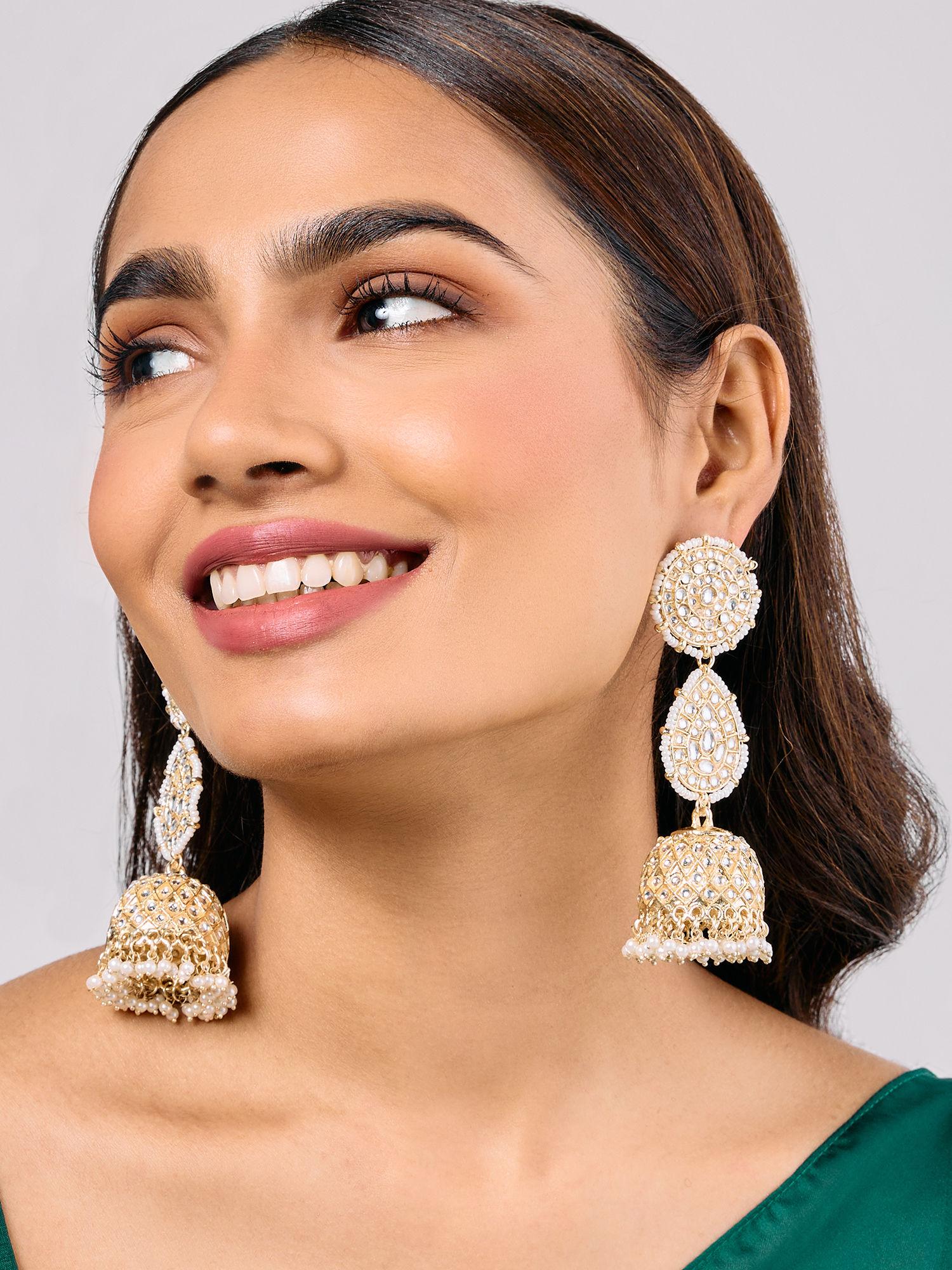 gold statement pearl kundan jhumka earrings