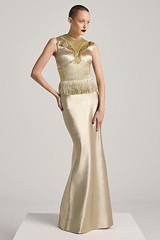 gold textured satin hand embroidered fishtail dress