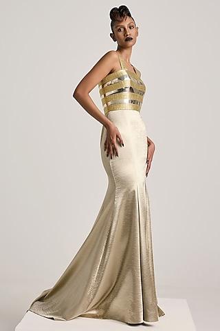 gold textured satin hand embroidered fishtail paneled dress