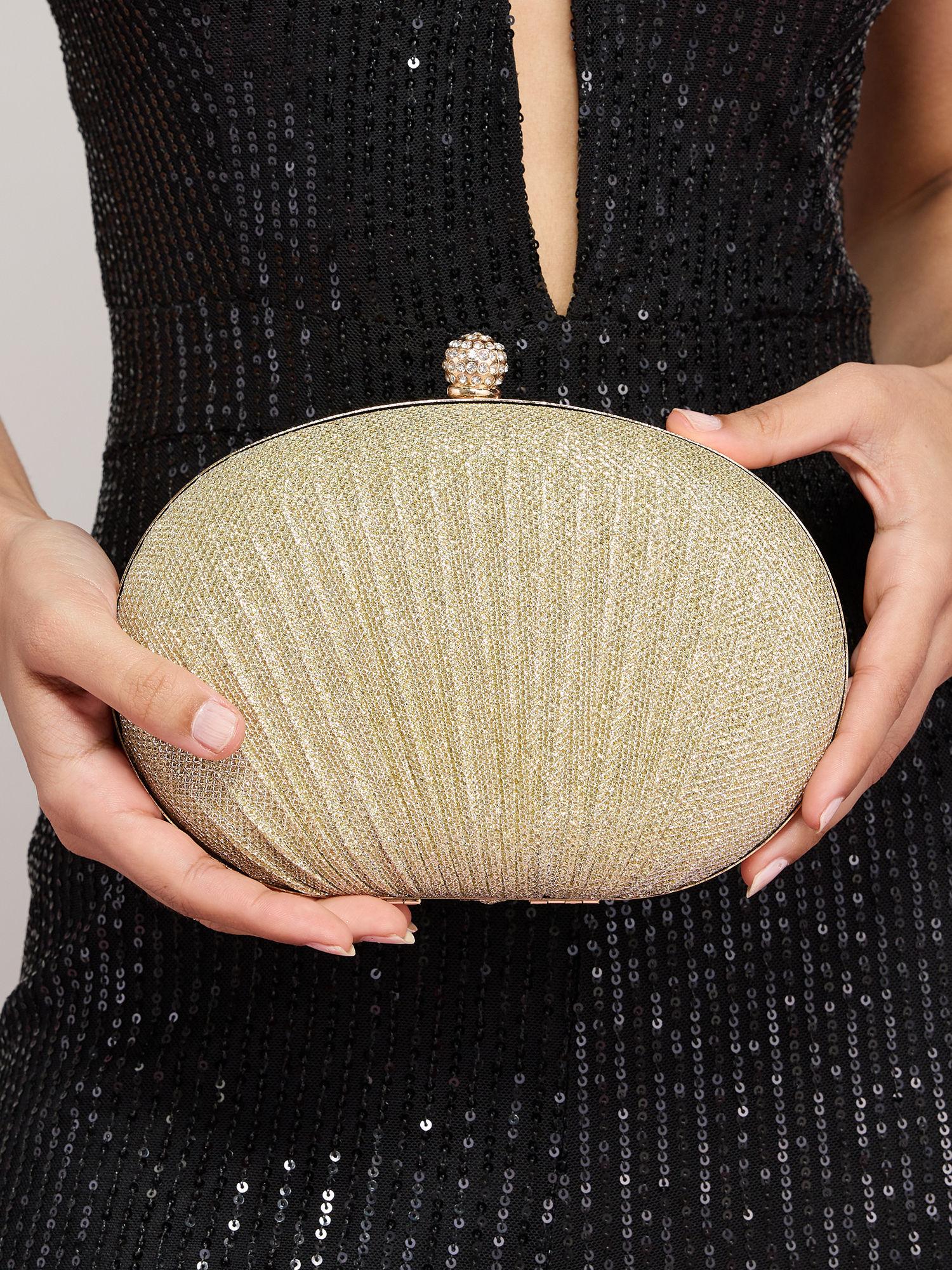gold textured shimmer pleated oval party clutch