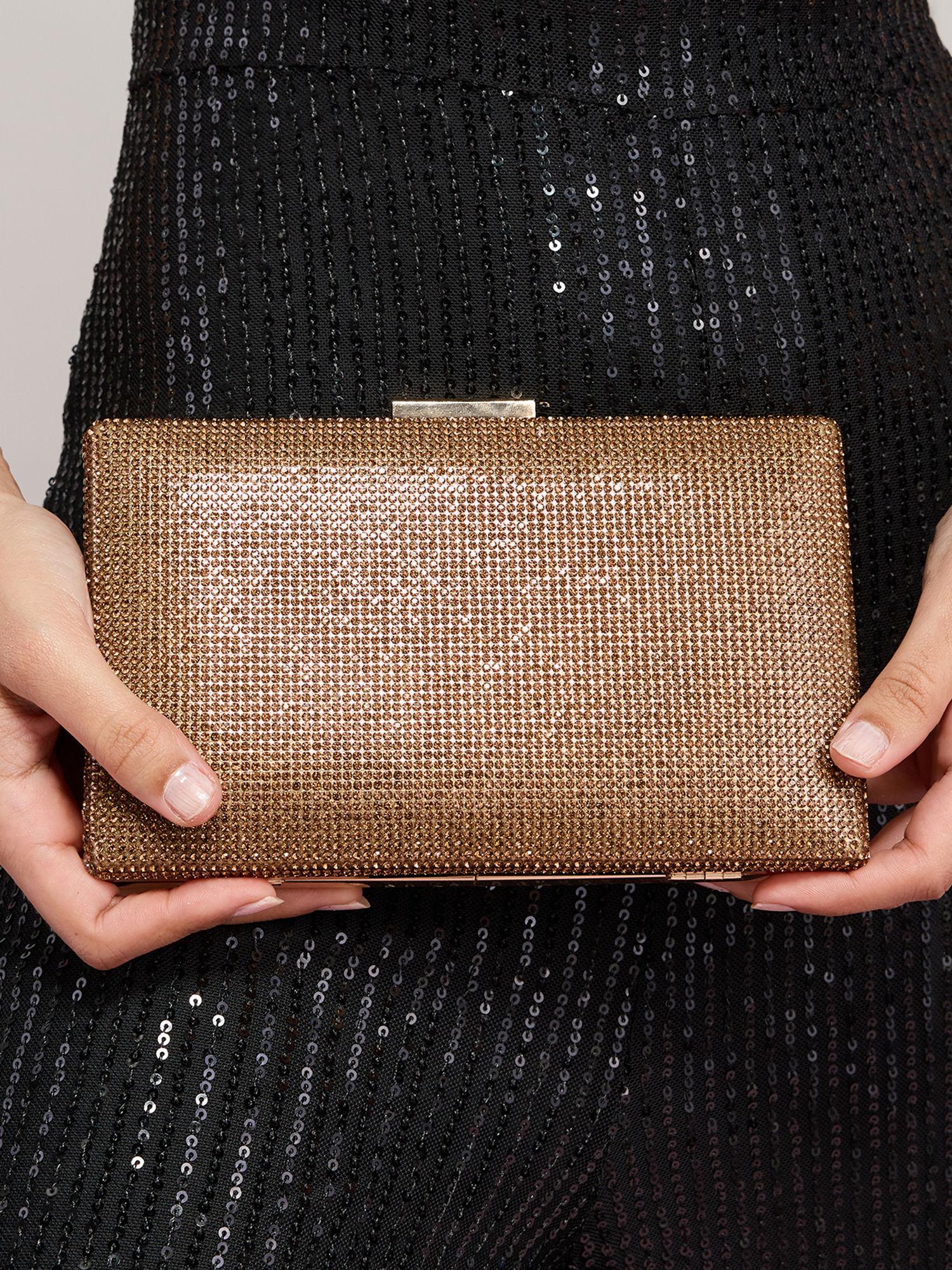 gold textured stone embellished rectangular party clutch