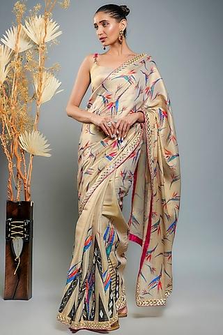 gold tissue digital printed & hand embroidered saree set