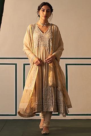 gold tissue embroidered angrakha anarkali set