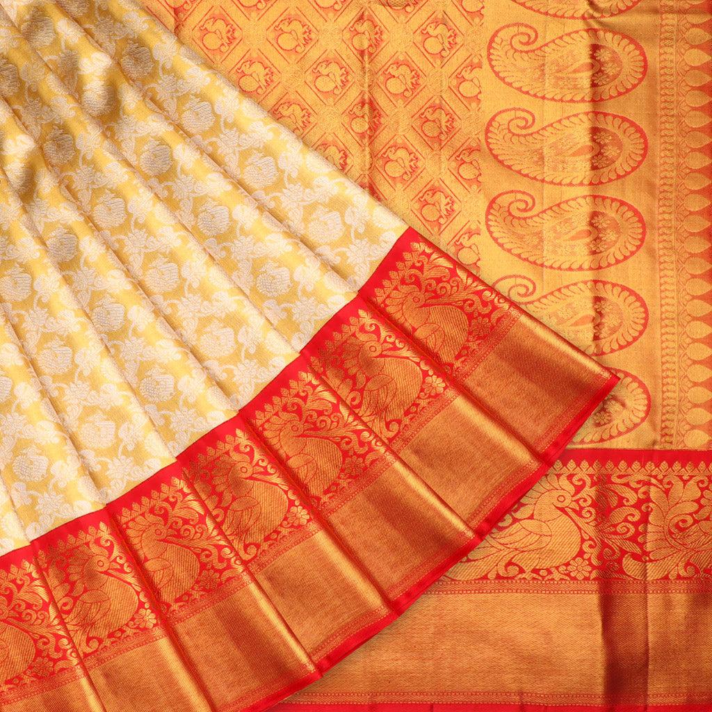 gold tissue kanjivaram silk saree with geometric floral pattern