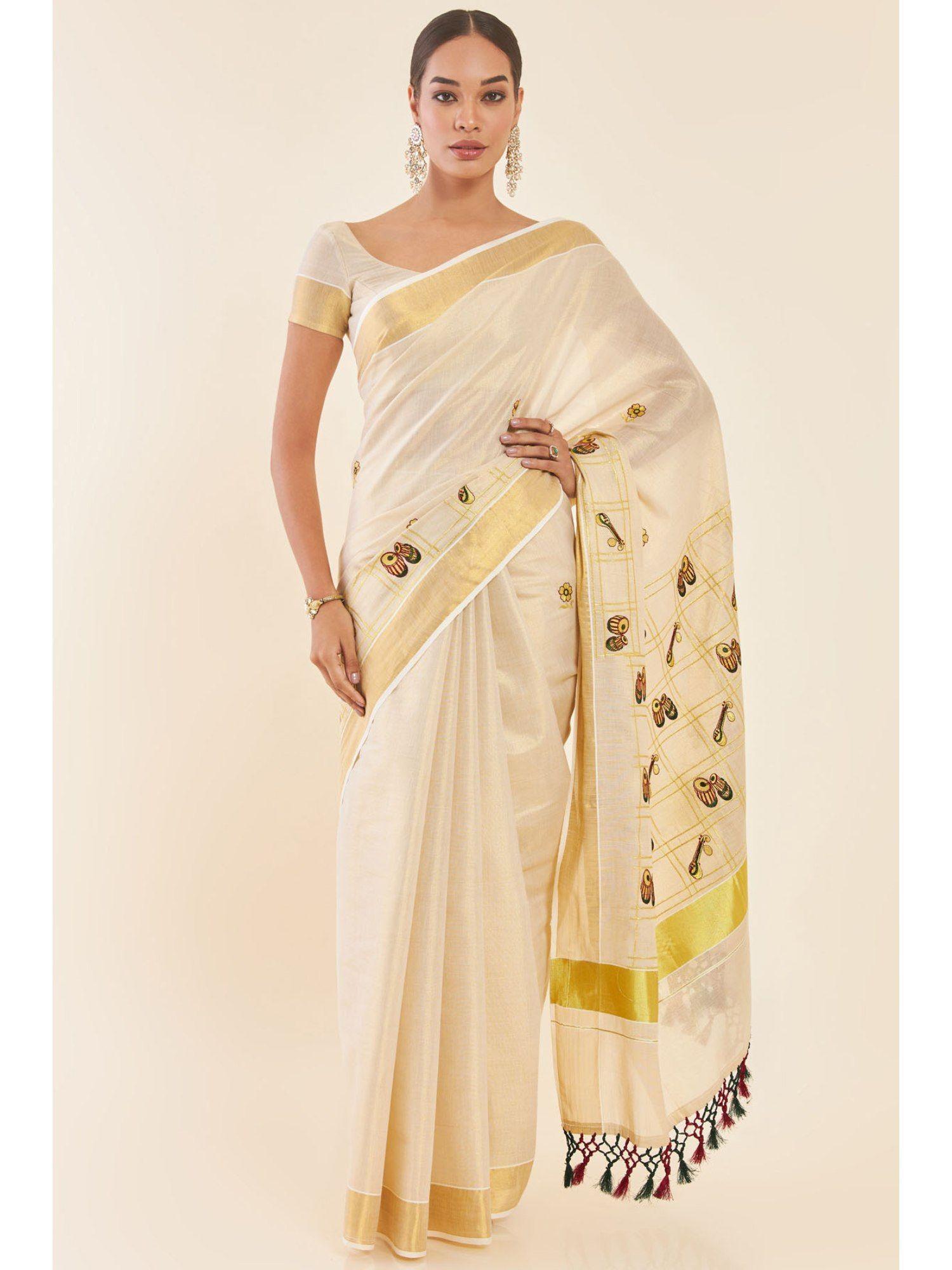 gold tissue kasavu saree with embroidered ethnic motifs and unstitched blouse