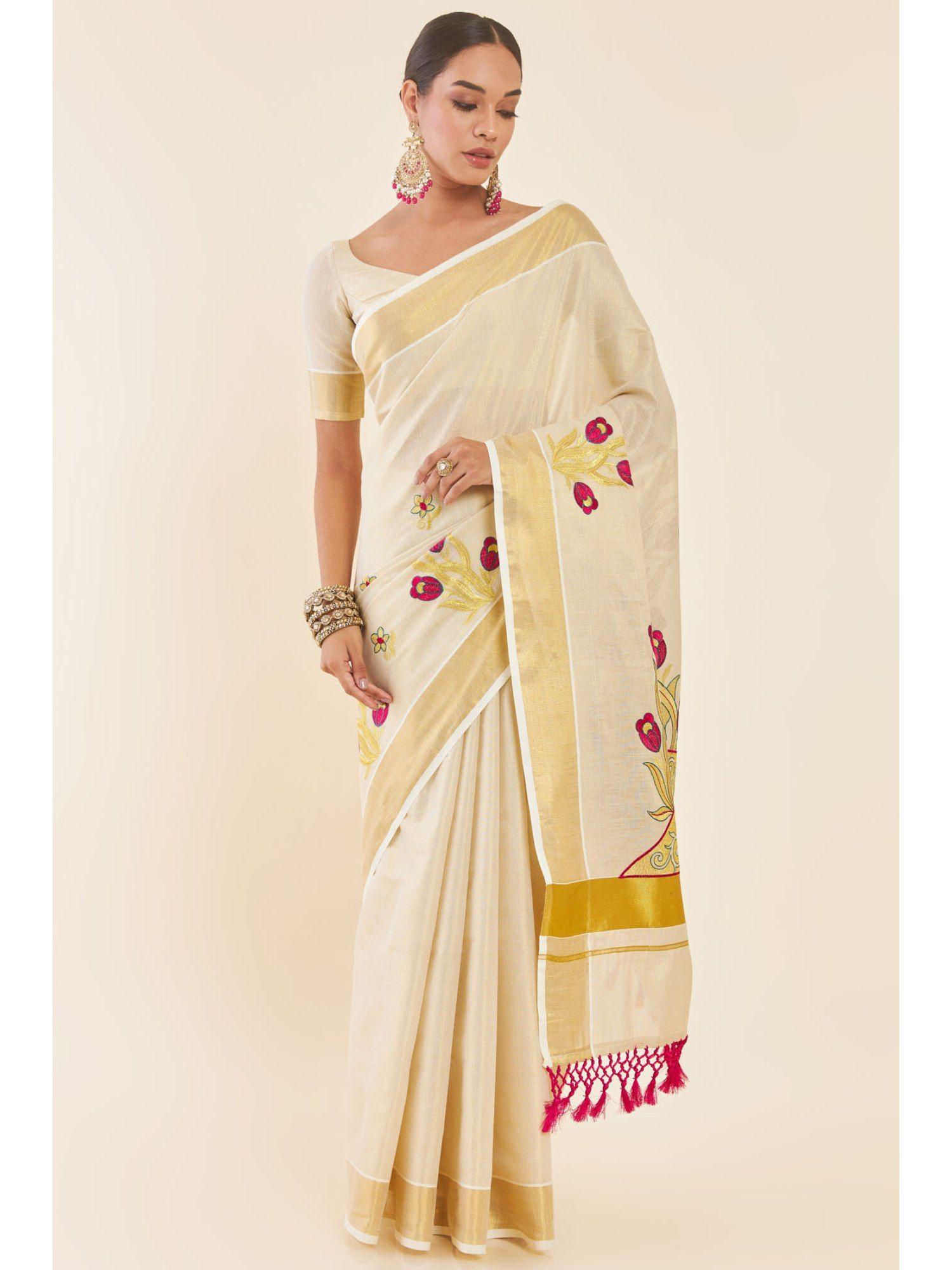 gold tissue kasavu saree with floral design and zari borders with unstitched blouse