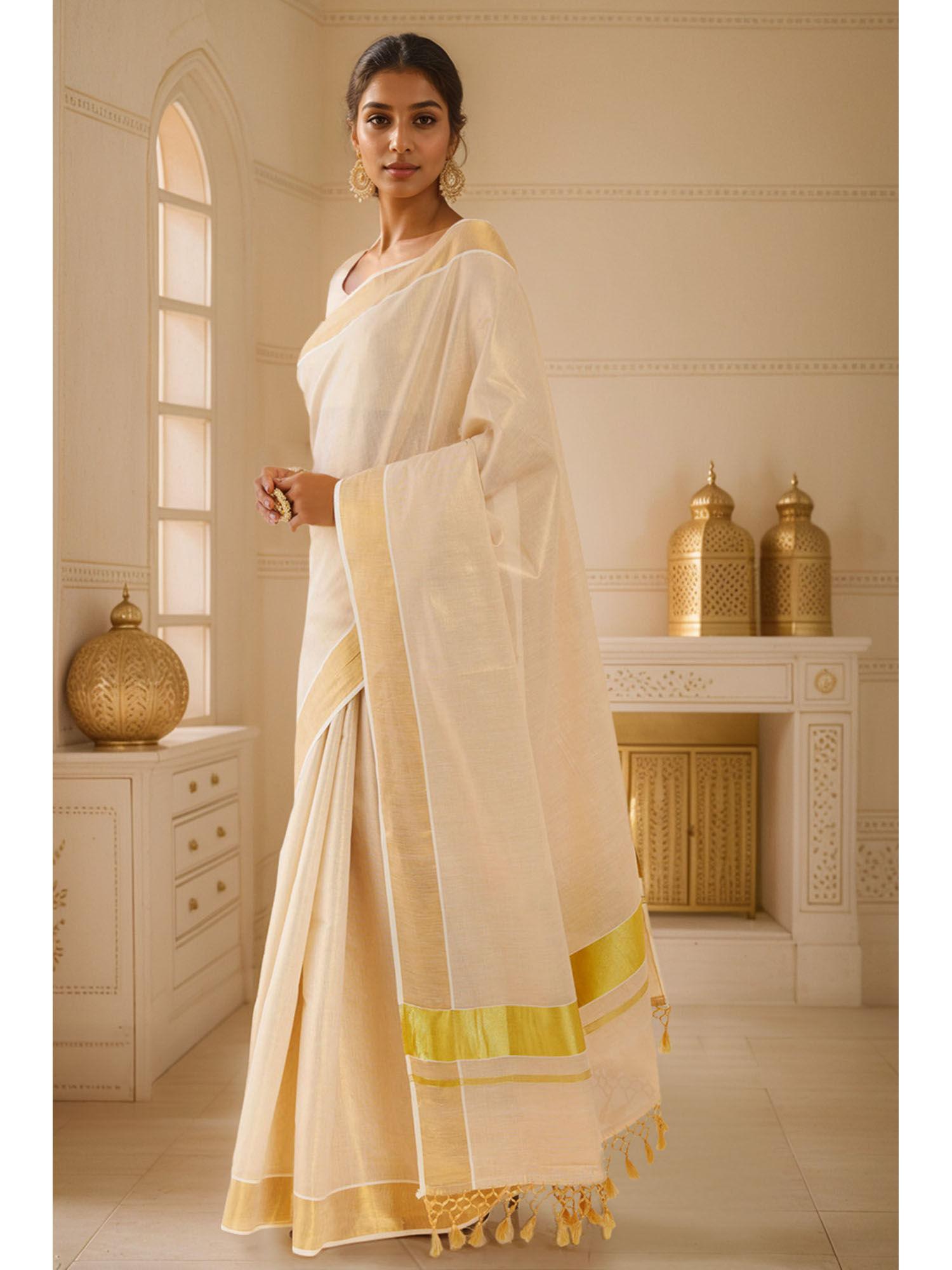 gold tissue kasavu saree with zari pallu and borders with unstitched blouse