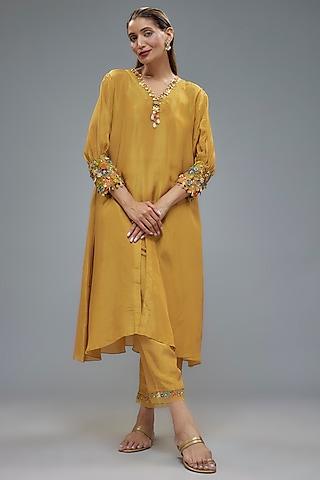 gold tissue organza aari hand embroidered a-line kurta set